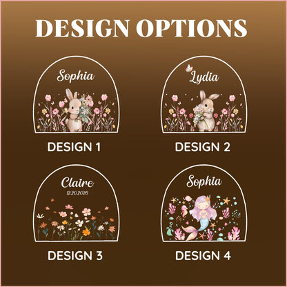 Personalised Cute Bunny Floral Night Light, LED Lamp for Baby Girls, Custom Floral Plaque with Name, Nursery Decor, Baptism Baby Shower Gift