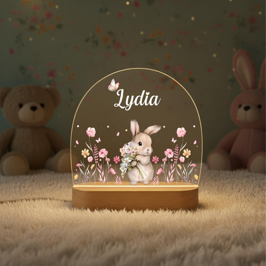 Custom Cute Bunny Floral Night Light, LED Lamp for Baby Girls, Personalised Floral Plaque with Name, Nursery Decor, Baptism Baby Shower Gift