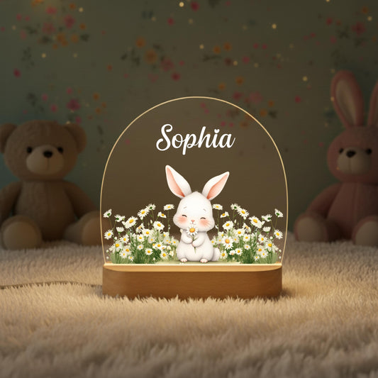 Personalised Cute Bunny Floral Night Light, LED Lamp for Baby Girls, Custom Floral Plaque with Name, Nursery Decor, Baptism Baby Shower Gift