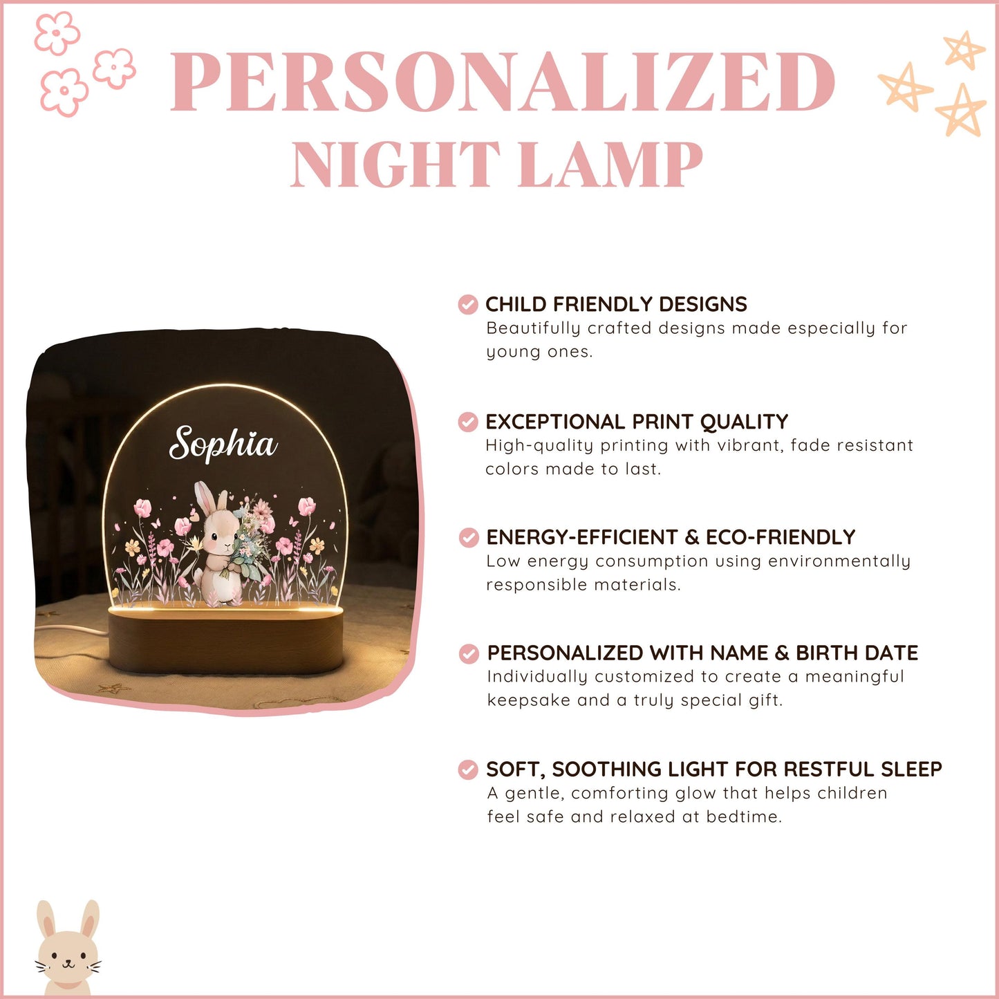 Personalised Cute Bunny Floral Night Light, LED Lamp for Baby Girls, Custom Floral Plaque with Name, Nursery Decor, Baptism Baby Shower Gift