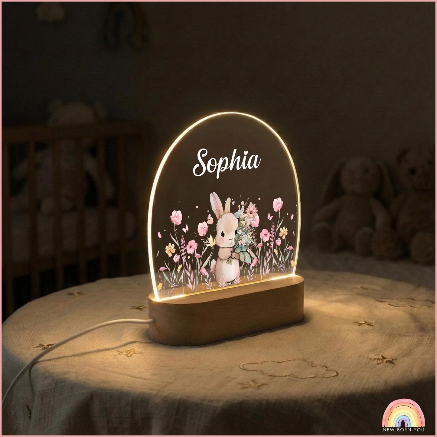 Personalised Cute Bunny Floral Night Light, LED Lamp for Baby Girls, Custom Floral Plaque with Name, Nursery Decor, Baptism Baby Shower Gift