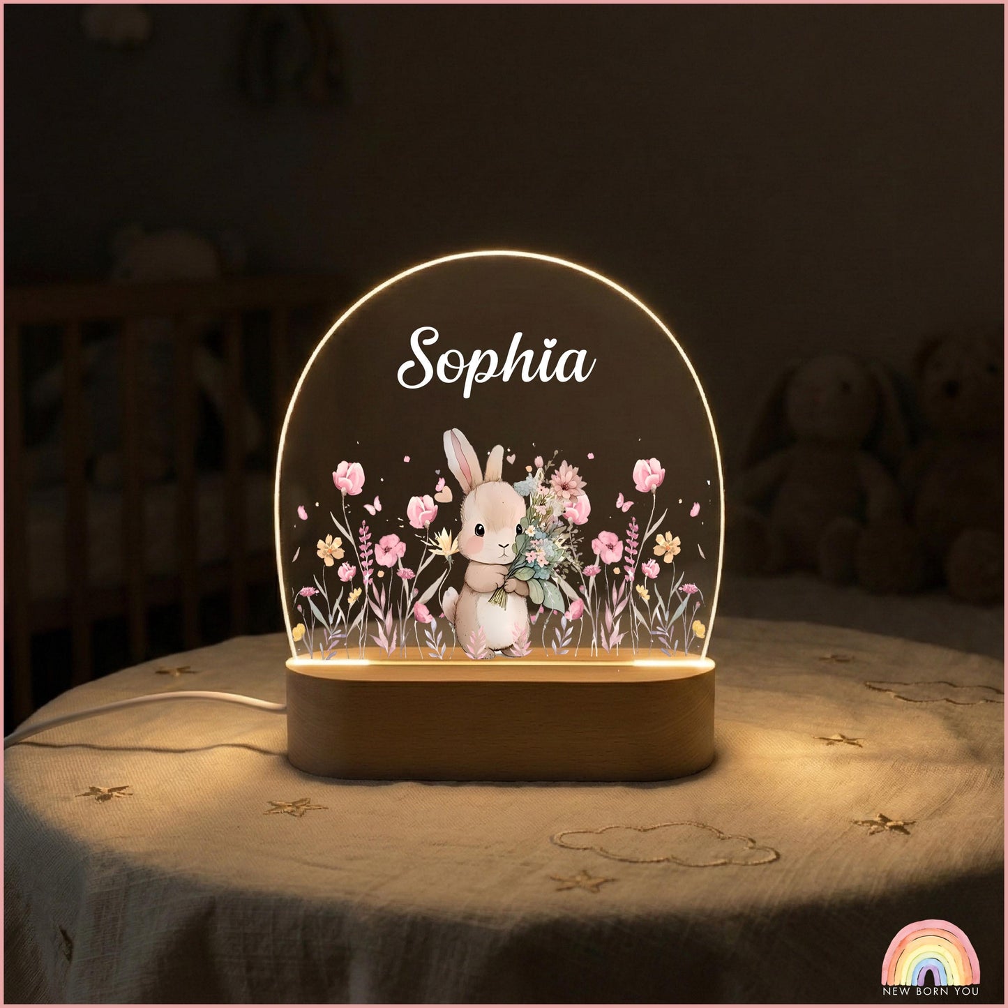 Personalised Cute Bunny Floral Night Light, LED Lamp for Baby Girls, Custom Floral Plaque with Name, Nursery Decor, Baptism Baby Shower Gift