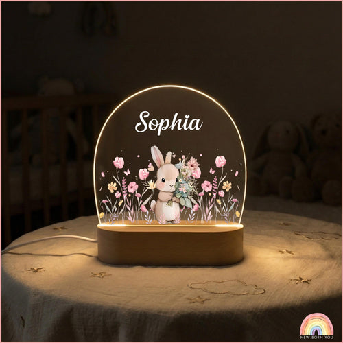 Personalised Cute Bunny Floral Night Light, LED Lamp for Baby Girls, Custom Floral Plaque with Name, Nursery Decor, Baptism Baby Shower Gift
