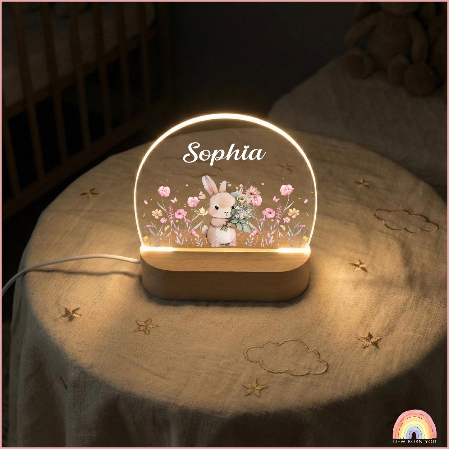 Personalised Cute Bunny Floral Night Light, LED Lamp for Baby Girls, Custom Floral Plaque with Name, Nursery Decor, Baptism Baby Shower Gift