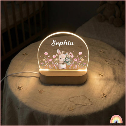 Personalised Cute Bunny Floral Night Light, LED Lamp for Baby Girls, Custom Floral Plaque with Name, Nursery Decor, Baptism Baby Shower Gift