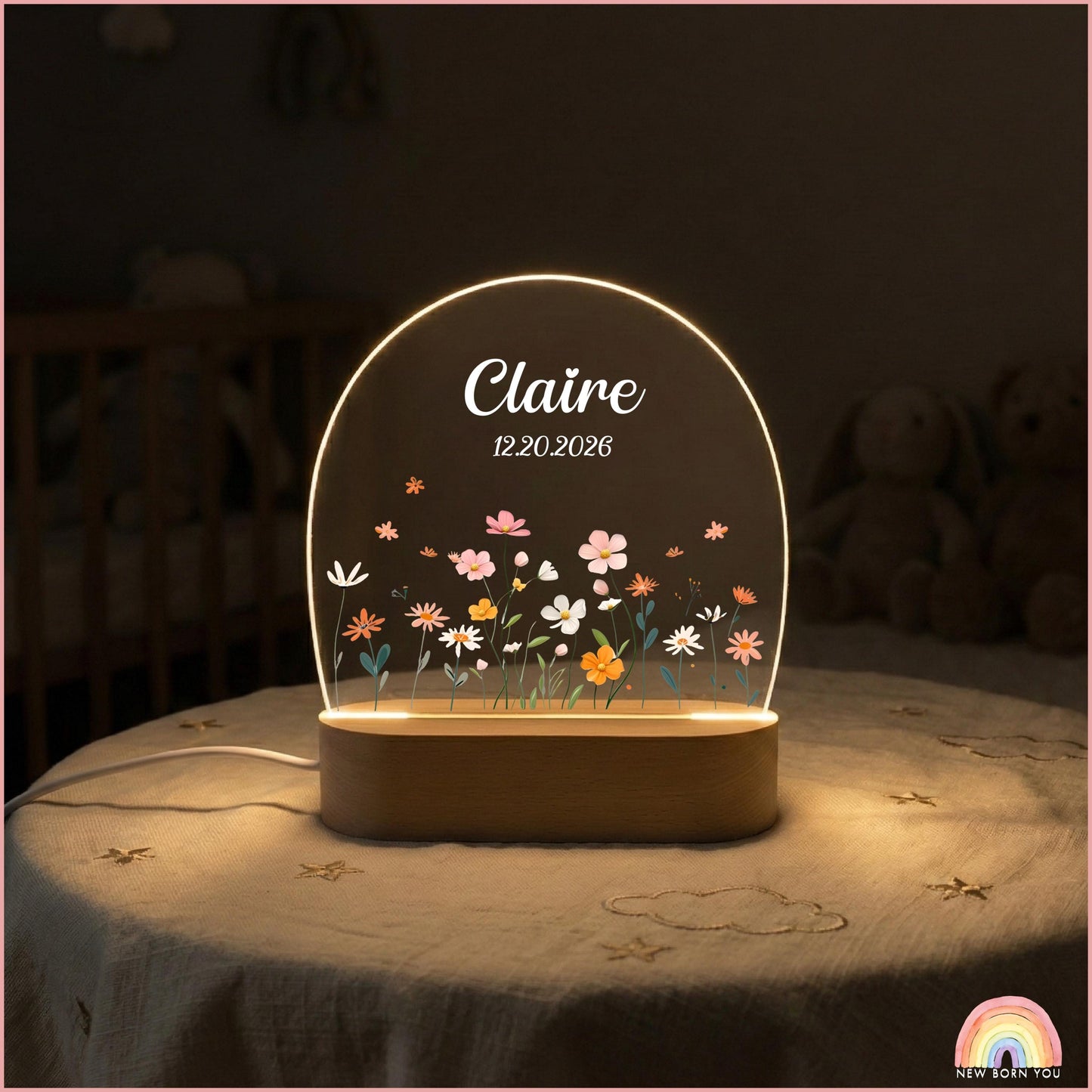 Personalised Cute Bunny Floral Night Light, LED Lamp for Baby Girls, Custom Floral Plaque with Name, Nursery Decor, Baptism Baby Shower Gift