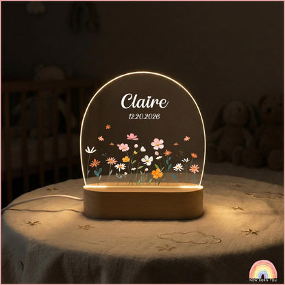 Personalised Cute Bunny Floral Night Light, LED Lamp for Baby Girls, Custom Floral Plaque with Name, Nursery Decor, Baptism Baby Shower Gift