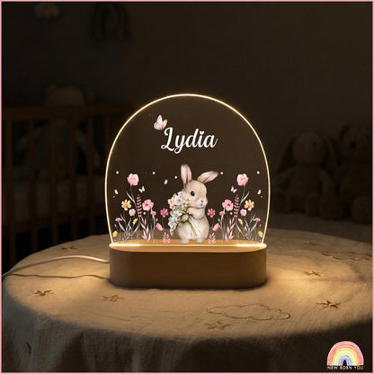 Personalised Cute Bunny Floral Night Light, LED Lamp for Baby Girls, Custom Floral Plaque with Name, Nursery Decor, Baptism Baby Shower Gift